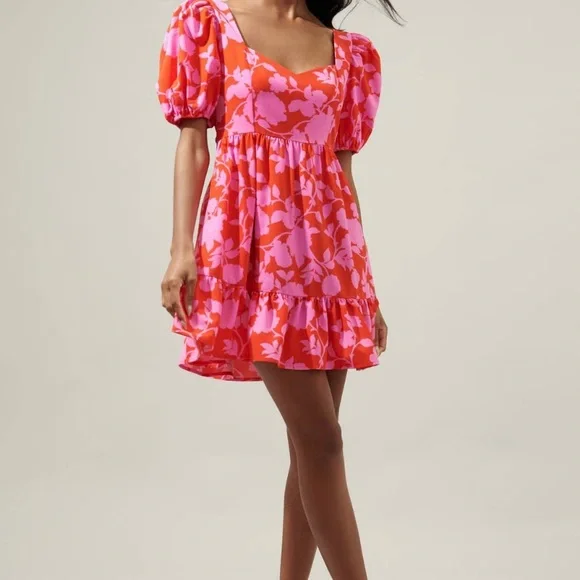 Sugarlips Pink and Cherry Red Puff Sleeve Floral Ruffle Hem Mini Dres - Picture 3 of 6